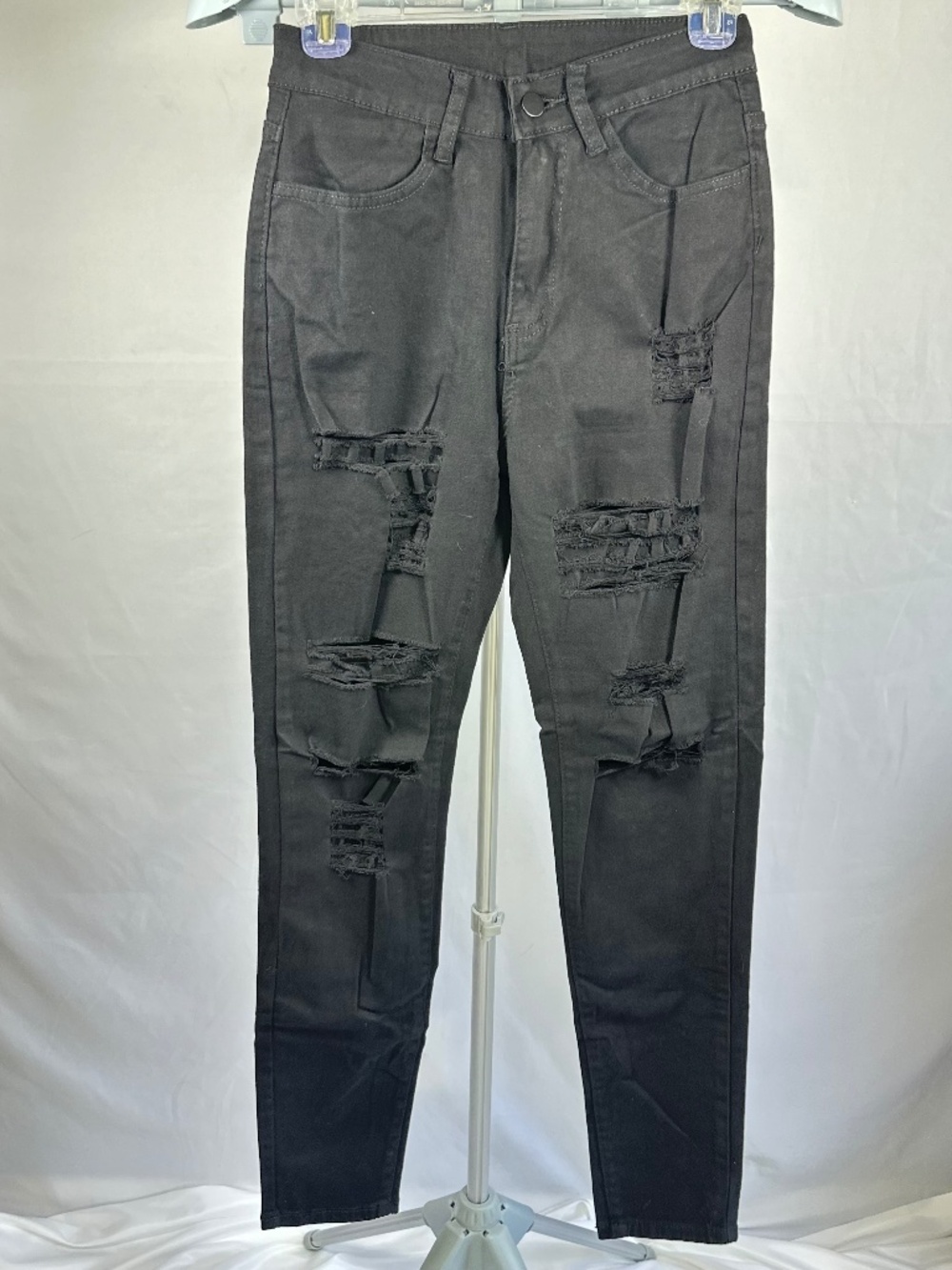 Women's Black Stretchy Jeans Button Closure Size Small Distress Skinny Leg NWT